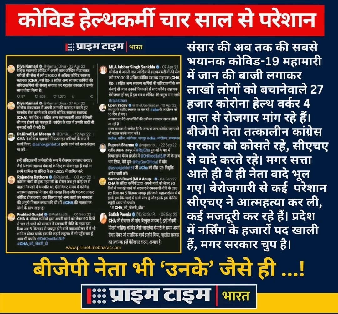 Rajasthan: लाखों की जिंदगी बचानेवाले कोविड योद्धा अब तक बेरोजगार... मुख्यमंत्री से बड़ी उम्मीद! 1 CHA Rajasthan Prime Time Bharat e1775323291427